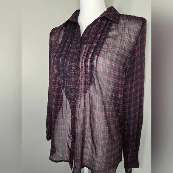 American Eagle Sheer Long Sleeve Ruffle Plaid Blouse - Picture 3 of 8